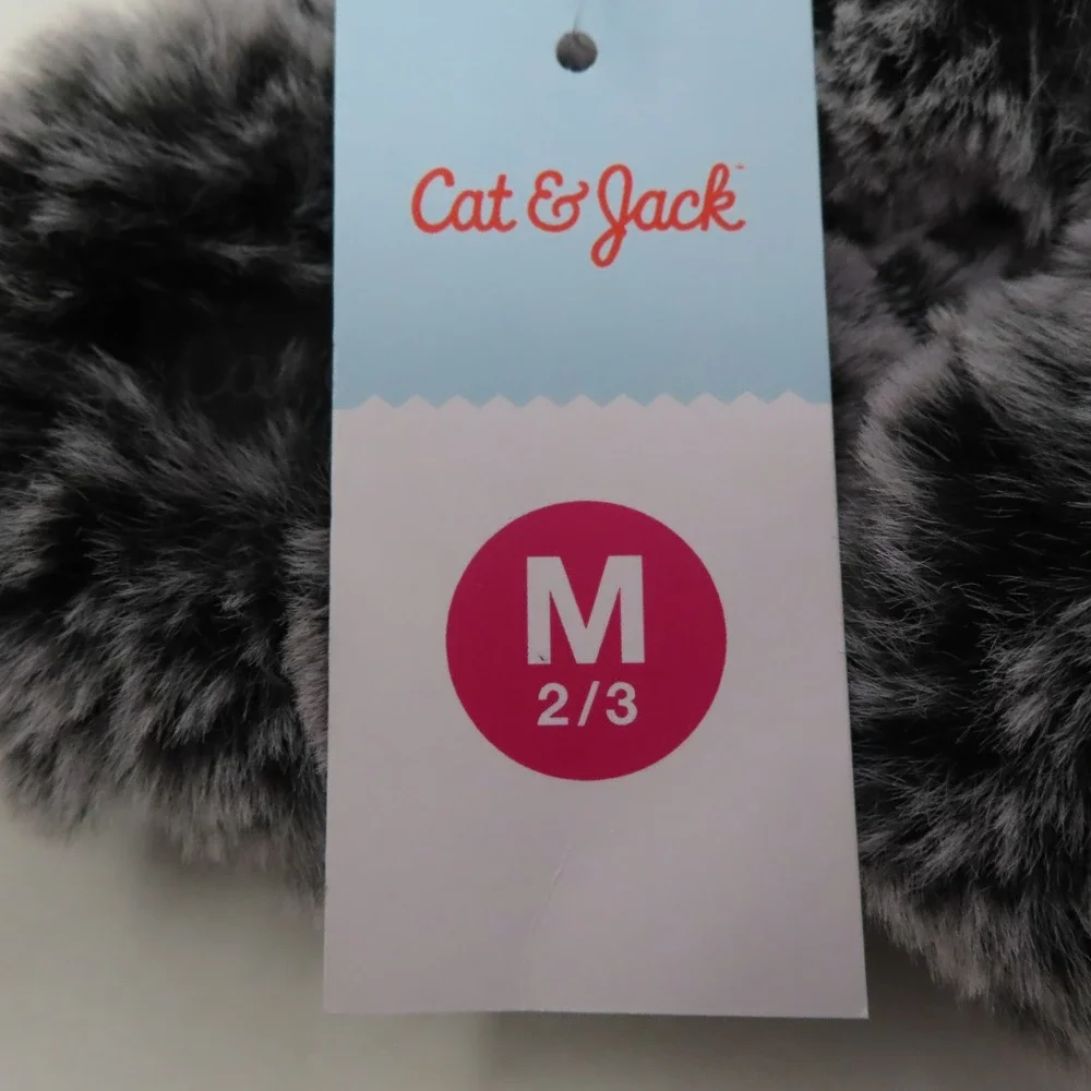 Cat & Jack Girls Faux‎ Fur Criss Cross Slippers Grey Black Medium 2/3 NEW